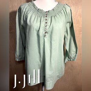 J. Jill Green Cotton Smocked Neckline Boho Peasant 3/4 Sleeve Top M
